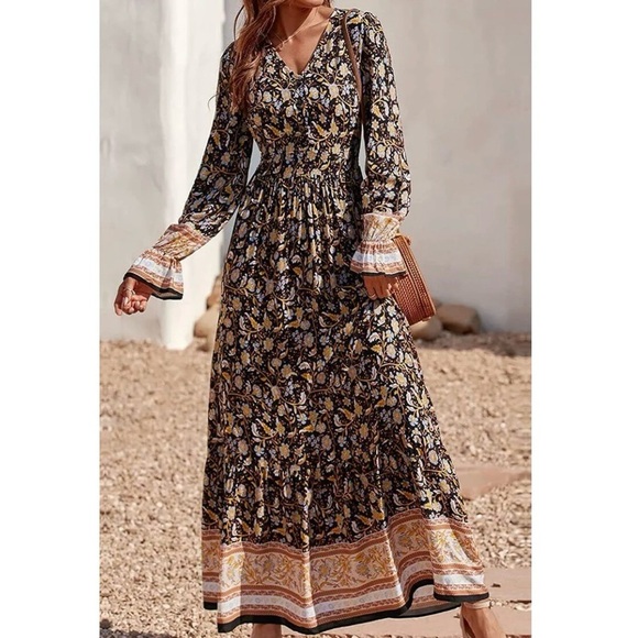 Cream and Brown Long Sleeve Sundress with V-Neck - Picture 3 of 5